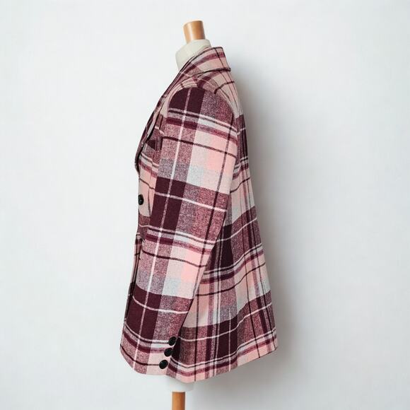 Avec Les Filles Burgundy Plaid Wool Blazer Jacket - Picture 4 of 7